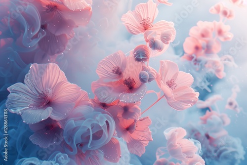 3D rendering of delicate flowers in pastel pink and blue.