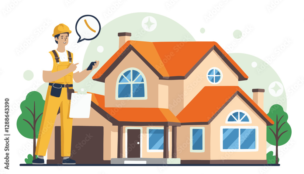 Construction worker inspecting house with clipboard Construction worker inspecting house with clipboard