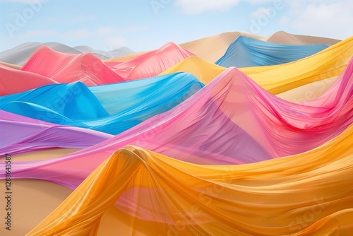 Colorful desert landscape with sand dunes and vibrant silk fabrics billowing in the wind.