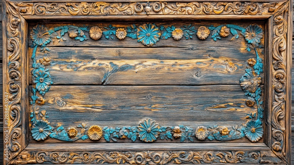 Rustic wooden sign, carved frame, floral design, weathered texture, blank space, advertising Rustic wooden sign, carved frame, floral design, weathered texture, blank space, advertising