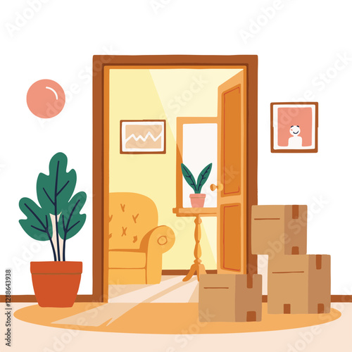 Illustration of a cozy room with moving boxes and plants