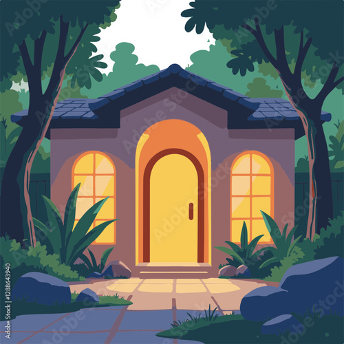 Illustration of a cozy house surrounded by greenery