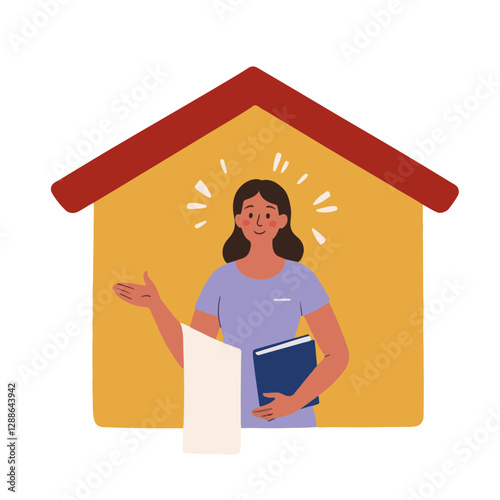 Smiling woman holding a book inside a cozy home