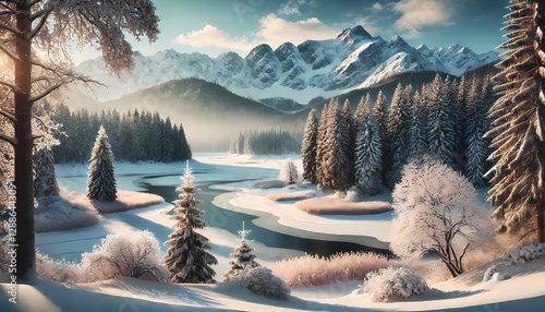 A stunning winter landscape background with a frozen lake, partially covered in ice, surrounded by snow-covered pine trees, reflecting the soft light of a peaceful winter day