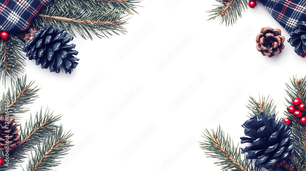 Naklejka premium Festive Christmas Decoration Frame With Pine Cones Fir Branches And Red Berries On White Background