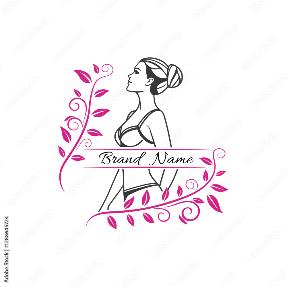 Elegant Woman Logo Template with Bra icon and Floral Ornament for Beauty & Wellness Branding Elegant Woman Logo Template with Bra icon and Floral Ornament for Beauty & Wellness Branding