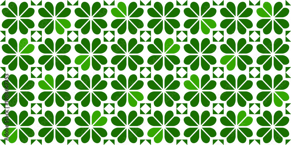 Seamless pattern with abstract green clover leaves on a transparent background. Perfect for St. Patrick's Day designs and decorations. High resolution vector for fabric, textiles, wrapping paper, etc.