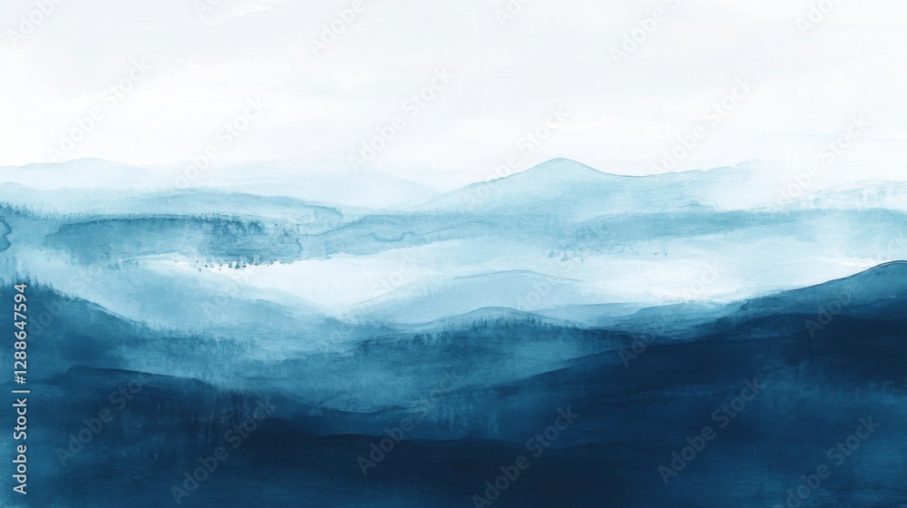 Fototapeta premium Serene blue hues of misty mountain landscape in watercolor painting