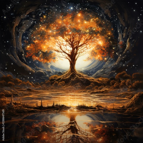 Glowing Tree of Life Standing Proudly Reflected in Water Fantasy Landscape Universe Scene photo