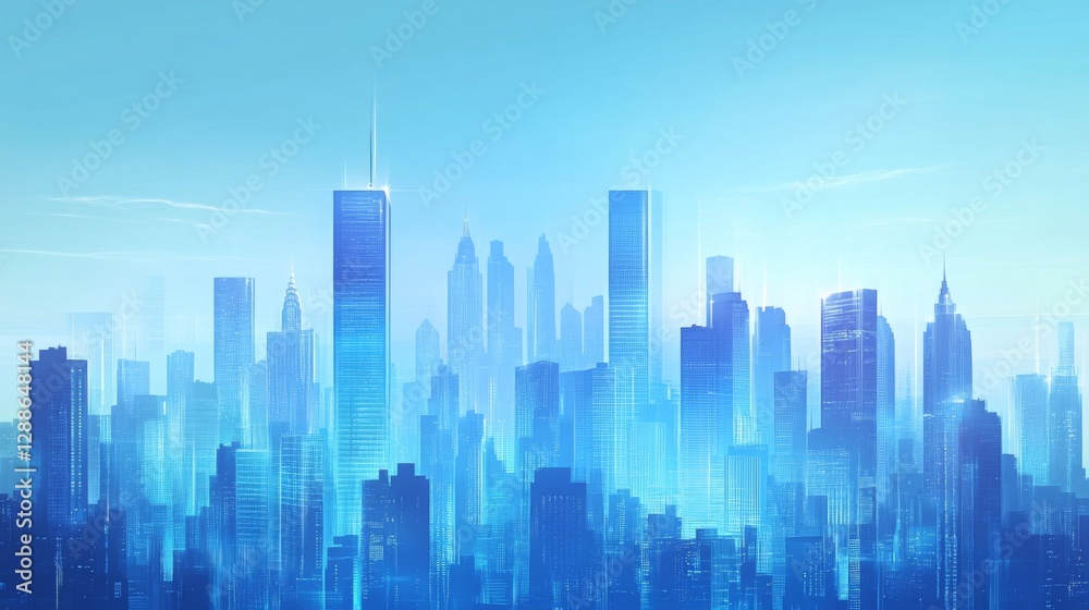 Futuristic blue cityscape with tall skyscrapers and clear sky Futuristic blue cityscape with tall skyscrapers and clear sky