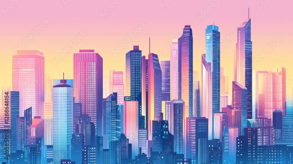 Fototapeta premium Futuristic cityscape at sunset with vibrant pink and blue skyscrapers