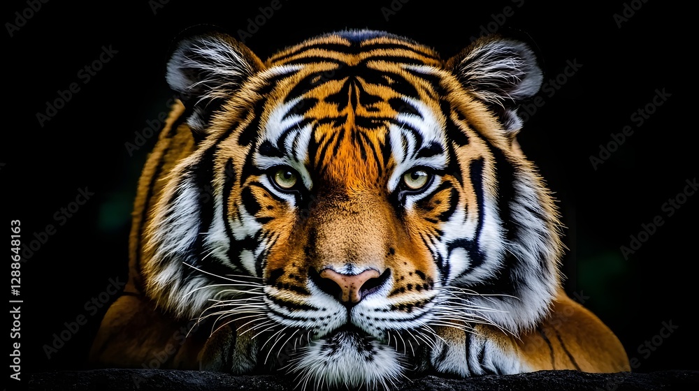 Fototapeta premium Close-Up Portrait of a Powerful Tiger with Intense Eyes and Striking Stripes in Nature