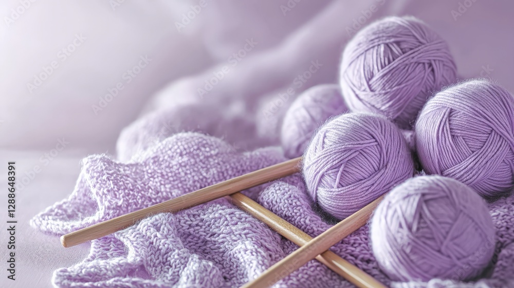 Soft Lavender Yarn Balls with Knitting Needles on Cozy Blanket Background Soft Lavender Yarn Balls with Knitting Needles on Cozy Blanket Background