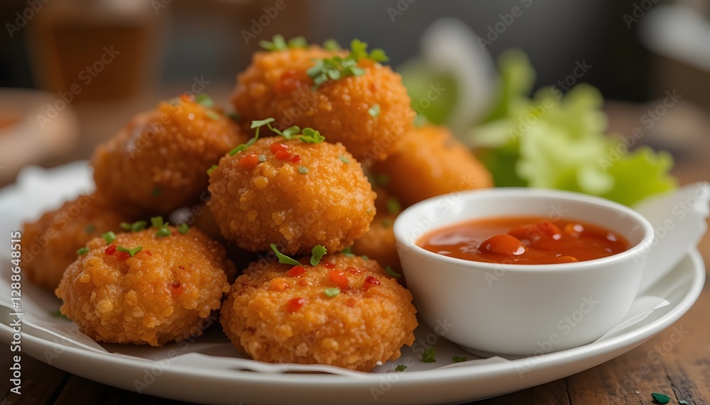 mini bites of potato croquette with ketchup mini bites of potato croquette with ketchup