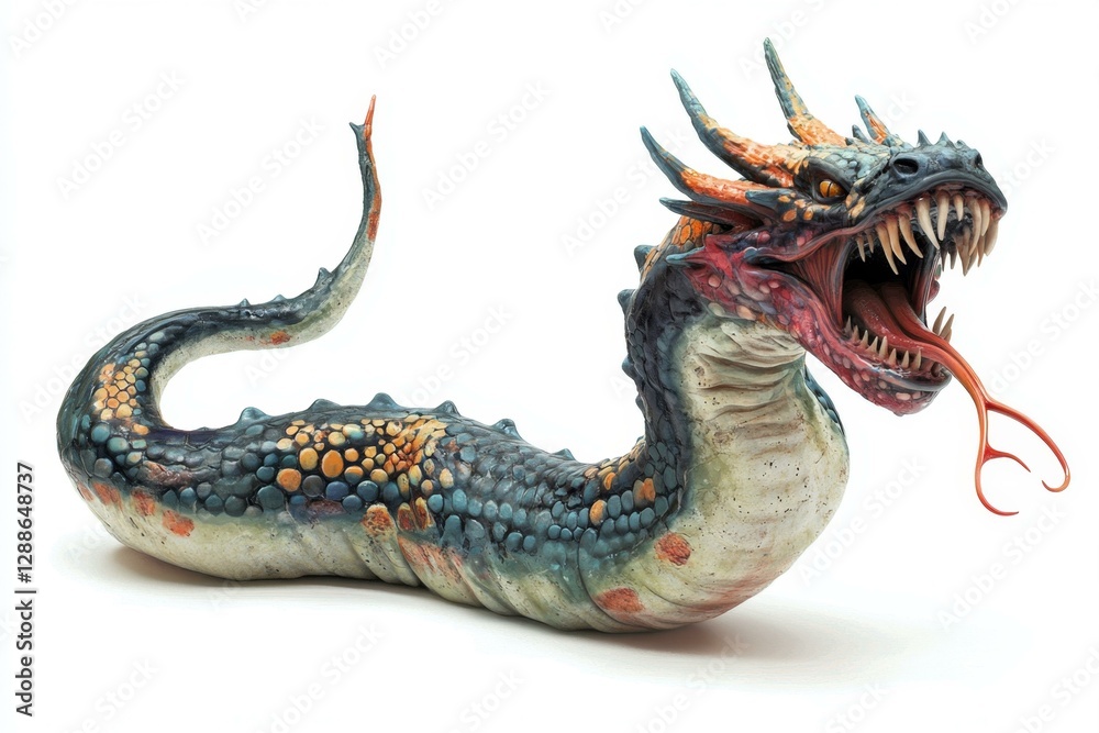 Obraz premium Menacing Serpent Wyrm Creature with Scaly Body Open Jaws and Forked Tongue Ready to Attack Strike