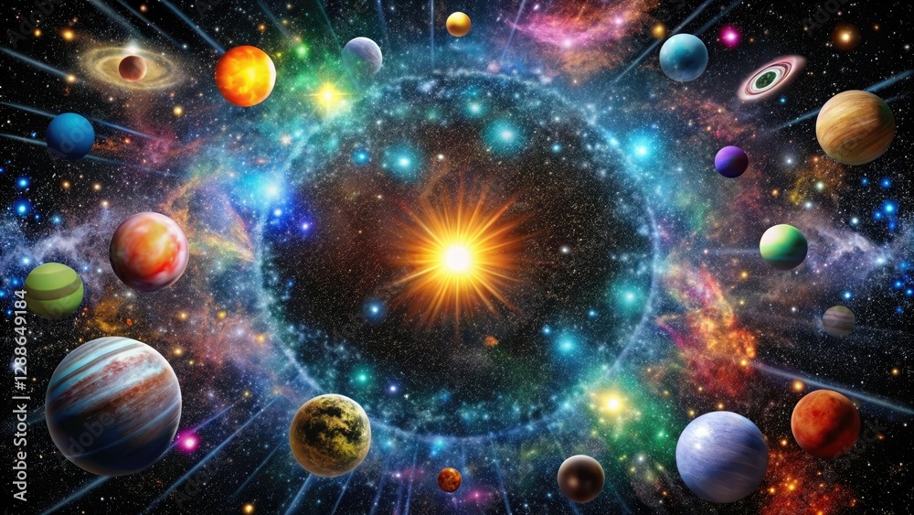 Cosmic explosion of colorful stars and planets in the center of a black background wallpaper, space, dynamic, celestial, nebula, energetic Cosmic explosion of colorful stars and planets in the center of a black background wallpaper, space, dynamic, celestial, nebula, energetic