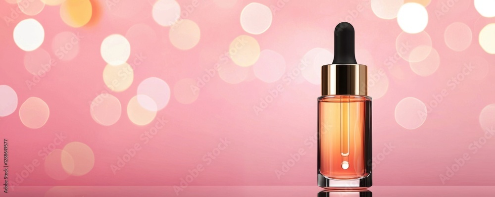 A sleek bottle of serum rests on a reflective surface, against a soft pink bokeh background, exuding a sense of luxury and beauty. A sleek bottle of serum rests on a reflective surface, against a soft pink bokeh background, exuding a sense of luxury and beauty.