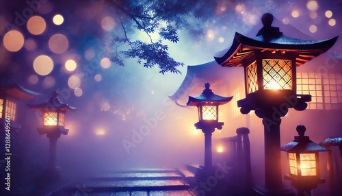 夜 和風 背景 ランタン 光 幻想的 ぼかし