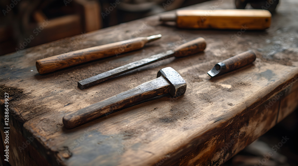 textured surfaces, including a chisel and hammer, placed on an aged wooden workbench, highlighting their practical use and wear textured surfaces, including a chisel and hammer, placed on an aged wooden workbench, highlighting their practical use and wear