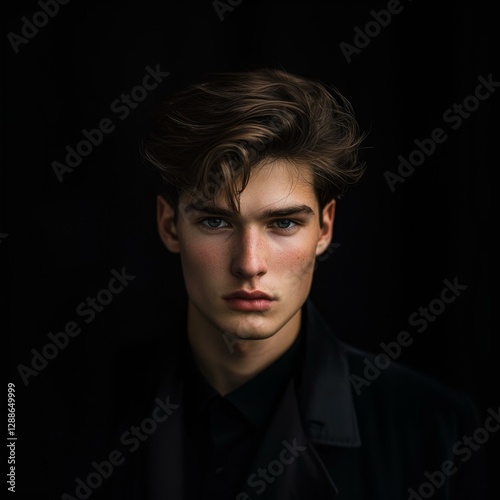 Portrait of a Young Man with Dark Hair and Neutral Expression Against a Dark Solid Background Style