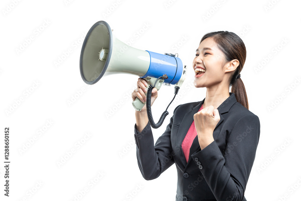 Portrait of smiling cheerful young pretty Asian woman in black suit holding megaphone making announcement isolated on white background, shot in studio. Portrait of smiling cheerful young pretty Asian woman in black suit holding megaphone making announcement isolated on white background, shot in studio.