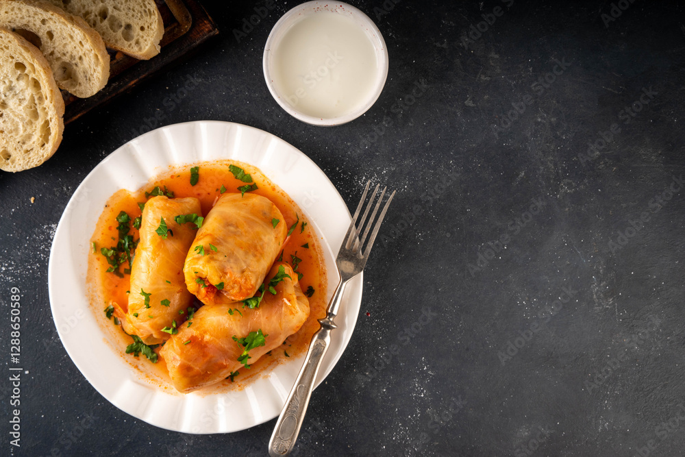 Fototapeta premium Comfort warm winter food, balanced Eastern European dinner recipe ideas, cabbage rolls, stuffed cabbage leaves, golubtsi with meat and vegetable fillings