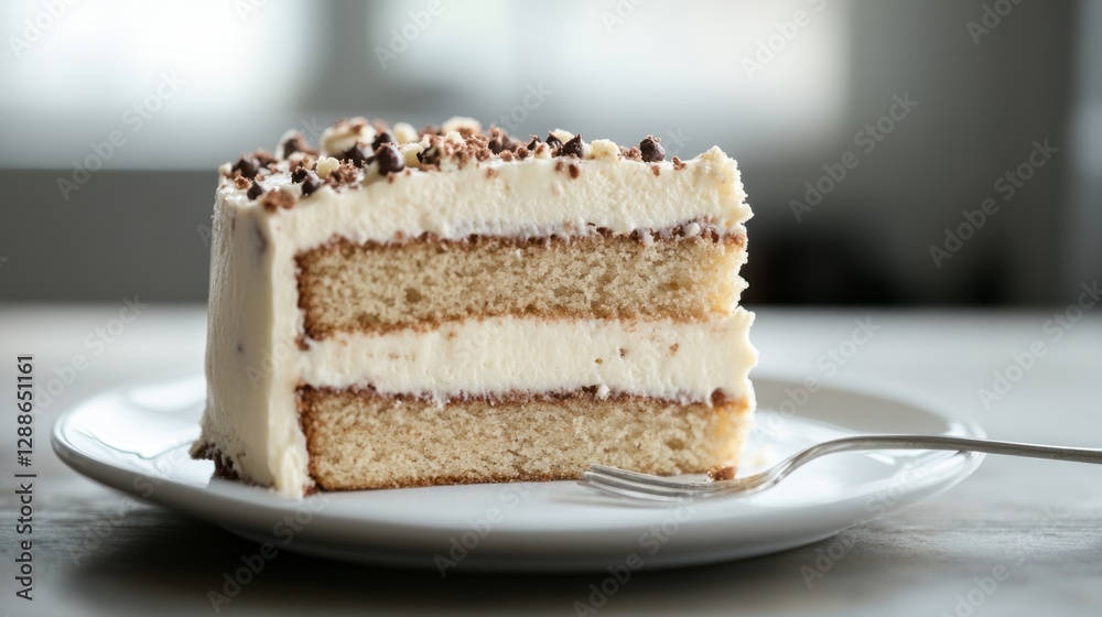 a slice of cake with white frosting and chocolate sprinkles on a plate. a slice of cake with white frosting and chocolate sprinkles on a plate.