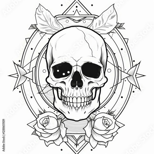 Skull Roses and Leaves Tattoo Design With Ornamental Frame Aesthetic Gothic Illustration photo