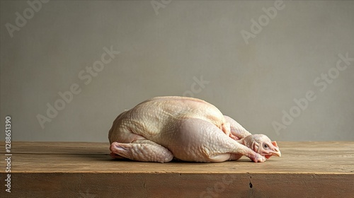 Simple Still Life Featuring Uncooked Whole Chicken on Wooden Surface Neutral Backdrop for Food Photography photo