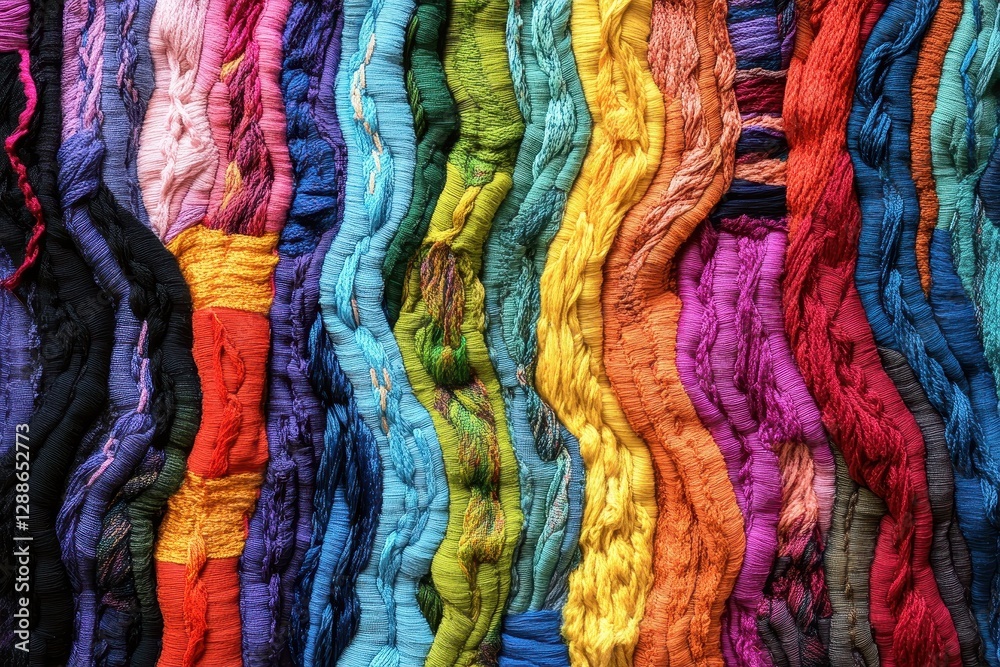Vibrant textile with colorful, woven threads in wavy patterns. Ideal for backgrounds, fabric, and textile-related projects. Vibrant textile with colorful, woven threads in wavy patterns. Ideal for backgrounds, fabric, and textile-related projects.