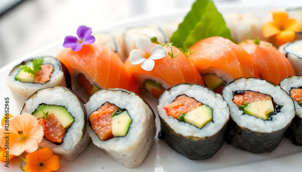 a beautifully arranged platter with various sushi, including tuna, salmon, and avocado rolls, garnished with delicate edible flowers and microgreens a beautifully arranged platter with various sushi, including tuna, salmon, and avocado rolls, garnished with delicate edible flowers and microgreens