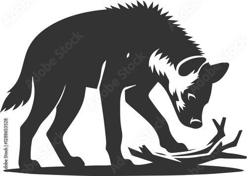A hyena sniffing a fallen branch, curious vector animal silhouette