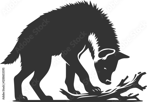 A hyena sniffing a fallen branch, curious vector animal silhouette