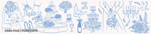 Collection of wedding line art illustrations in doodle ink style . Elegant just married party hand drawn elements. Casual vintage drawings for invitations, cards, greetings and placards. Save the date