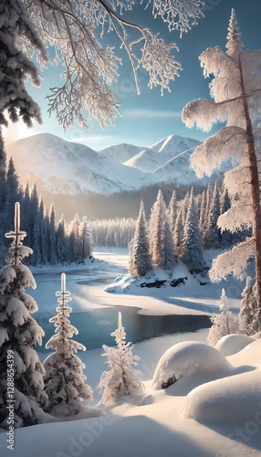 A stunning winter landscape background with a frozen lake, partially covered in ice, surrounded by snow-covered pine trees, reflecting the soft light of a peaceful winter day