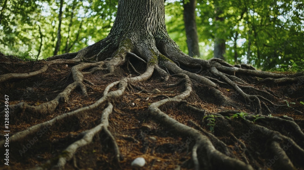 Detailed View of Tree Roots in a Lush Green Forest Setting Detailed View of Tree Roots in a Lush Green Forest Setting