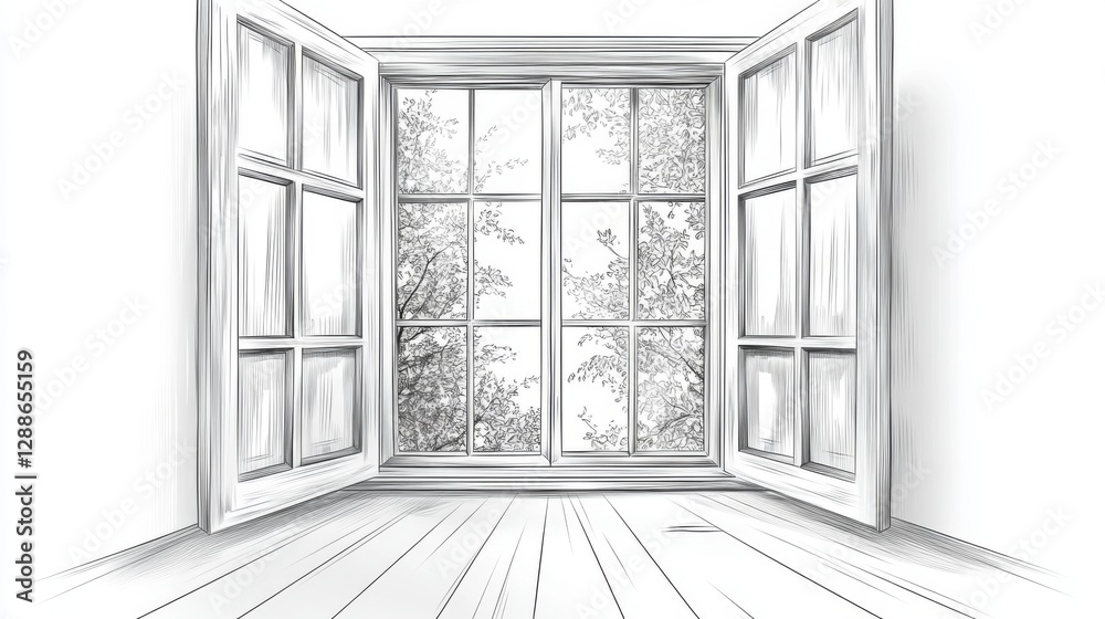 Fototapeta premium Open window with wooden panels overlooking tree branches in black and white line art