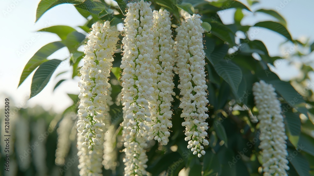 A delicate branch of a weeping linden tree, its branches laden with fragrant white blossoms, stood tall against the backdrop of a vibrant cerulean sky, its verdant leaves whispering in the gentle A delicate branch of a weeping linden tree, its branches laden with fragrant white blossoms, stood tall against the backdrop of a vibrant cerulean sky, its verdant leaves whispering in the gentle