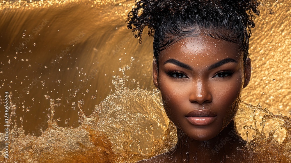 Fototapeta premium Golden water splash, woman, beauty, portrait, studio, luxury, cosmetics, advertising