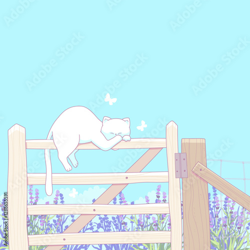 A white cat is sleeping on the fence. Summertime. Cozy vector illustration.
