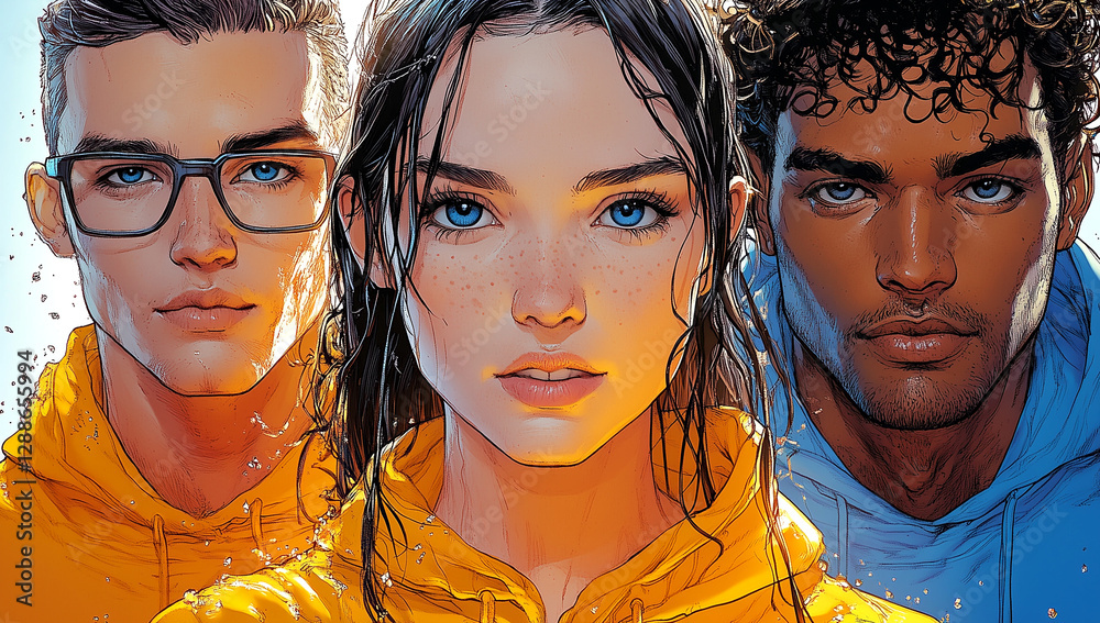 Obraz premium Three people are shown in a comic book cover, with one girl wearing glasses