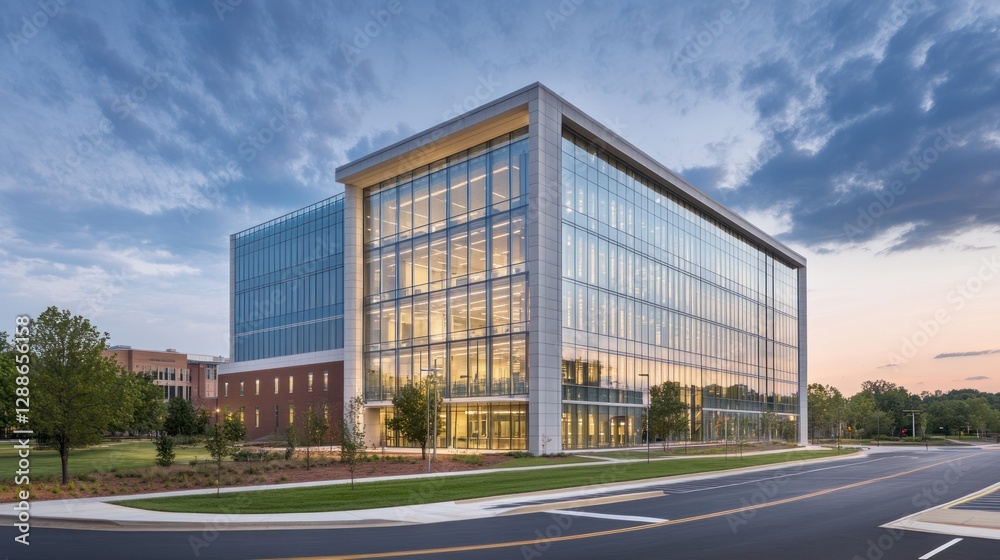 Modern glass office building sunset cityscape Modern glass office building sunset cityscape