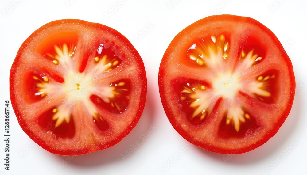 Close up of two fresh tomato slices on white background. Red, juicy texture of ripe vegetable. Ingredient for salad, sandwich, cooking. Healthy eating concept, organic farm product. Close up of two fresh tomato slices on white background. Red, juicy texture of ripe vegetable. Ingredient for salad, sandwich, cooking. Healthy eating concept, organic farm product.