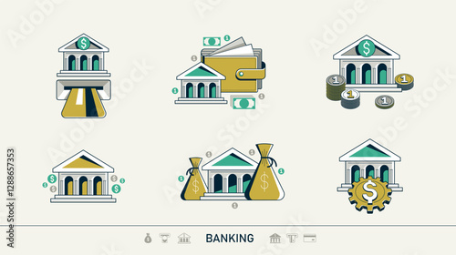 Banking vector detailed icons set, bank building and cash money, deposit and credit, online banking, personal account.