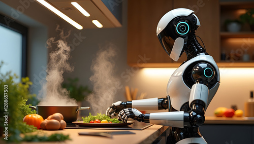 White Robot in the kitchen makes dinner