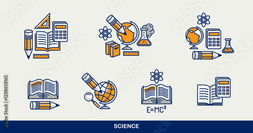 Science vector icons set, physics and chemistry, mathematics and geography, research and experiments.
