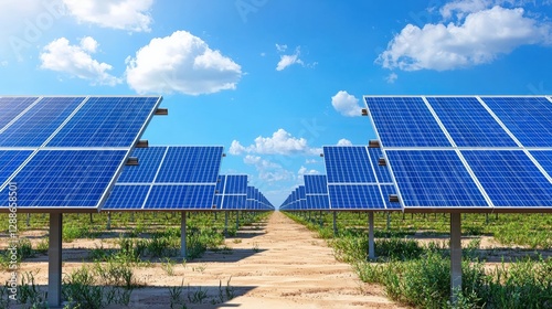 Solar panels in a sunny field under a blue sky.