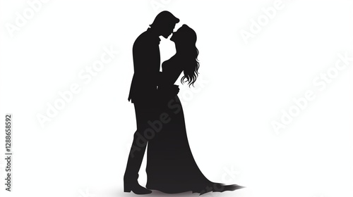 silhouette of a couple hugging each other on isolated white background