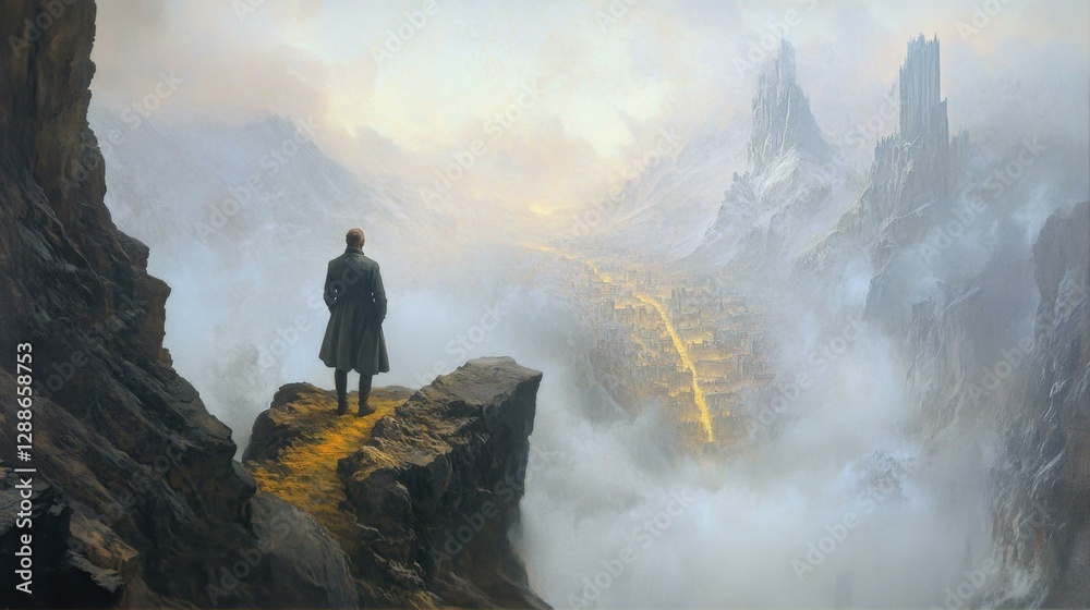 Fototapeta premium Solitary Figure Gazing at Distant Tower on Misty Mountain Path Wayfarer Quest in Tranquil Landscape