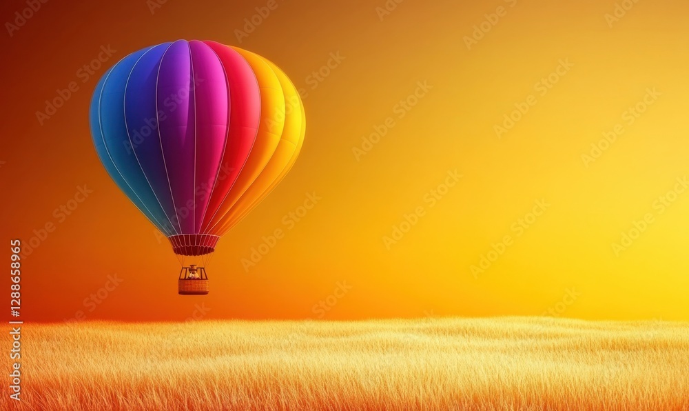 Fototapeta premium Rainbow hot air balloon over golden field at sunset